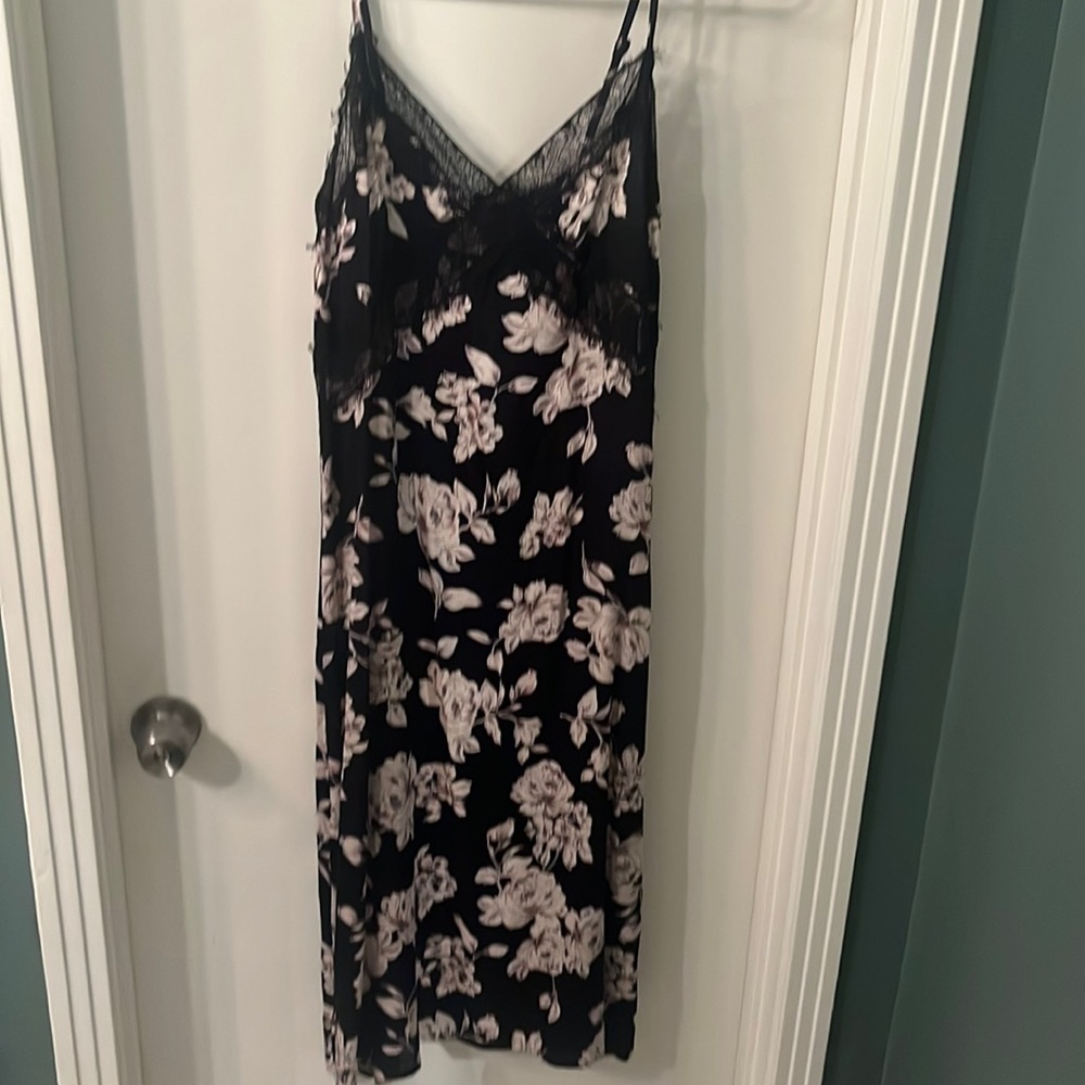 Black and floral patterned midi dress with lace top